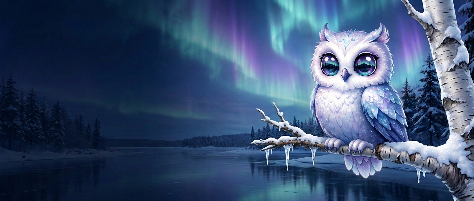 A winter owl overlooking a frozen lake beneath the northern lights